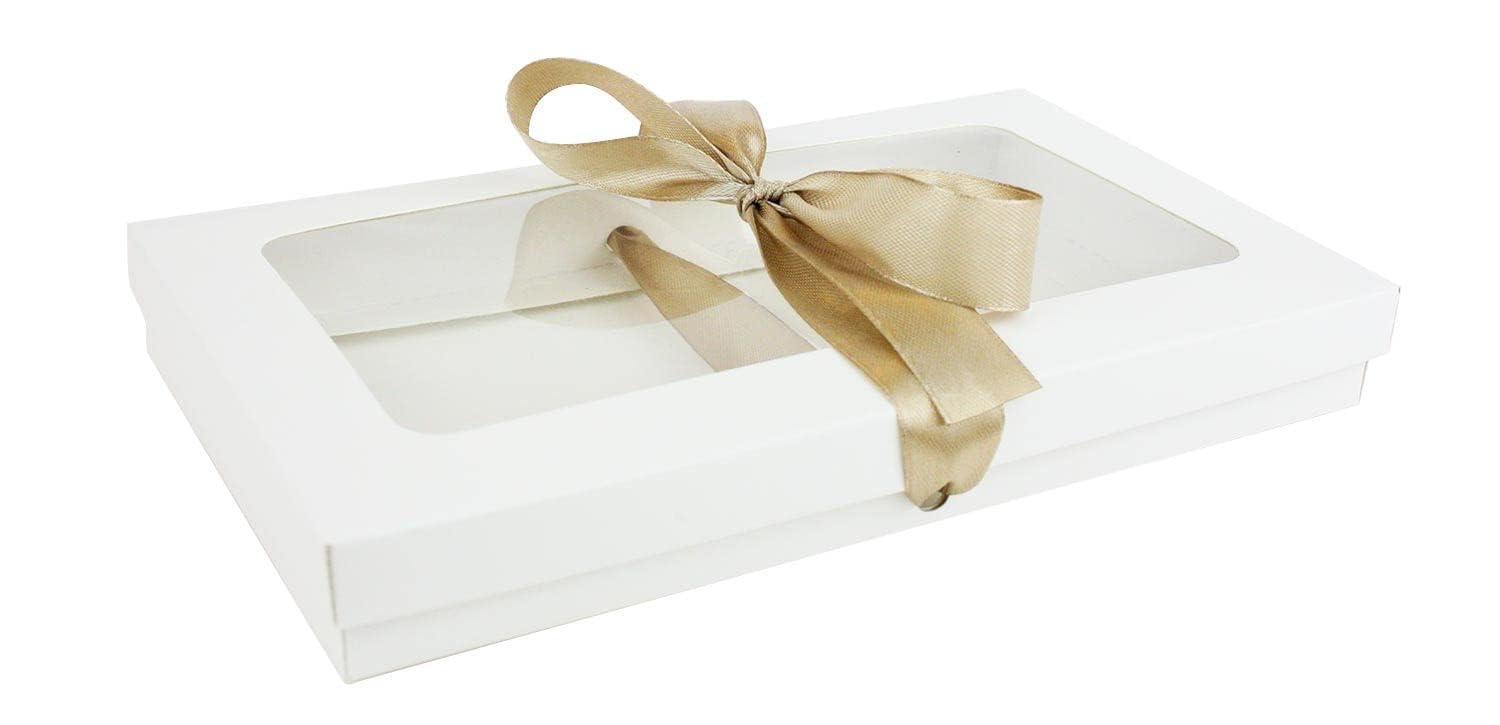 Emartbuy 36 Stück weiße Geschenkboxen Klarsichtfenster klein schmal 21x12,5x2,5cm | Mit goldfarbenem Satinband, recycelbare Kraft-Geschenkbox für Geschenkkörbe, Leckereien, Hochzeiten und Gastgeschenke