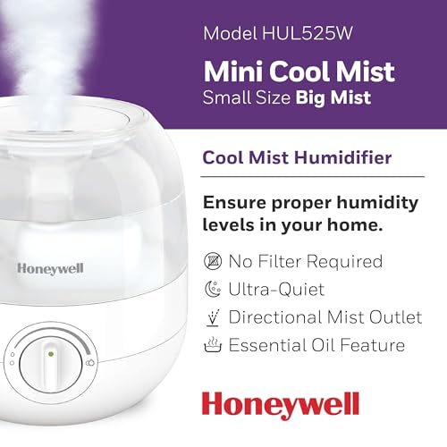 Honeywell Mini Cool Mist humidifier, Easy to Fill and Clean, humidifier for small Bedroom, Kids Rooms, or office. Ultra Quiet Operation and Auto Shut-Off - White, HUL525W by Honeywell - Image 2