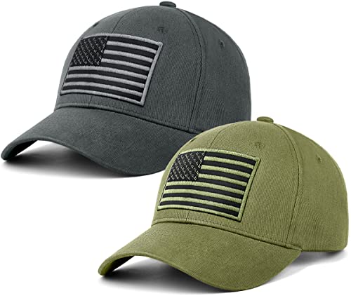 LCZTN Paquete de 2 gorras de béisbol de la bandera americana para hombres y mujeres, de perfil bajo, sombrero liso para papá, Gris y verde militar, talla única