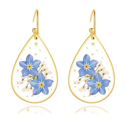 Sereney Forget Me Not Pressed Flowers Earrings, Dainty Sterling Silver Earrings as Memorial Gifts, Blue Flower Teardrop Earrings Sympathy Gifts for Loss of Loved One Dangle Earrings for Mom