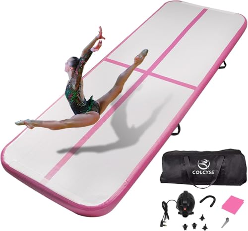 Agilepeak Inflatable Gymnastics Tumbling Mat 4/8 Inch Thick 10/13/16/20/23FT Training Mat with Electric Air Pump Non-Slip Waterproof PVC for Home Gym Outdoor Cheerleading Yoga Taekwondo (Pink 10ft*3.3ft*4in(3*1*0.1M))