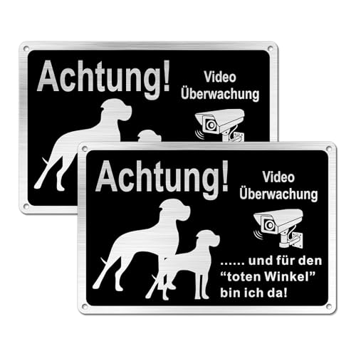 Goodvia Warnung vor dem Hund Schilder Lustig Metall Alu Gebürstetes 30x20cm (A4) Videoüberwachung Schild Schwarz 2Stück