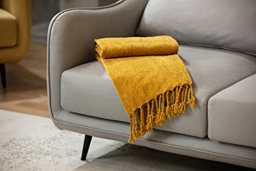 Soft Textured Lightweight Chenille Throw Blanket With Fringe For Travel Bed Sofa And Couch, Mutard 50 X 60 Inches #TOP4