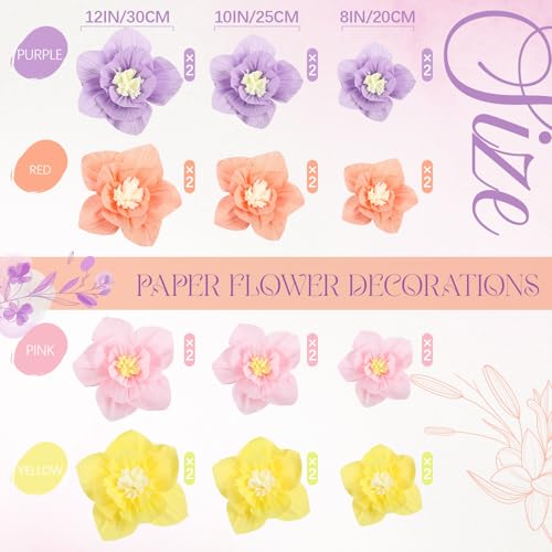 Image of Cholemy 24 Pcs Tissue Paper Flowers, Crepe Paper Flowers Decorations 8 inch 10 inch 12 inch for Wedding Party Baby Bridal Shower Carnival Party Birthday Nursery Wall Decor (Multi Colors)