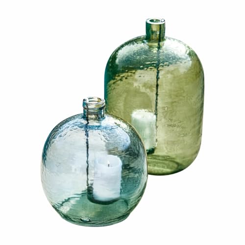 Loberon Windlicht 2er Set Michel Verschiedene Formen und Farben offener Boden bauchiges Design Outdoor Glas Eisen grün/blau