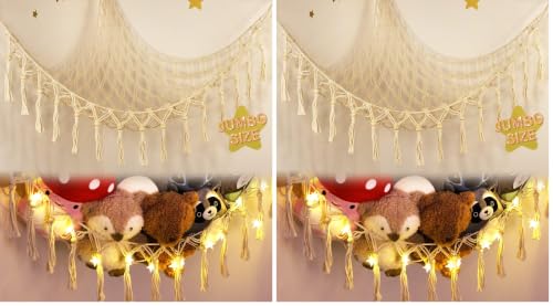 Image of Stuffed Animal Toy Storage Hammock with LED Light-Macrame Jumbo Doll Room Corner Organizer Mesh Decoration-Hanging Storage Nets Kids Bedroom, (X-Large Size) (Pack of 2)
