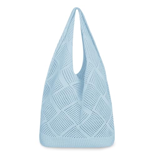 Blue Tote Bags for Women Crochet Tote Bag Summer Vacation Knitted Bag Boho Knit Womens Handbags & Shoulder Ladies Bags for Women Cute Crochet Mesh Beach ToteBag