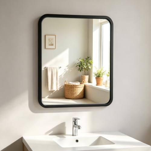 Image of Movo Black Metal Framed Bathroom Mirror Medicine Cabinet,14 Inch x 18 Inch Recessed Wall Mounted Medicine Cabinet with Mirror,Aluminum Storage Cabinet for Bathroom Vanity