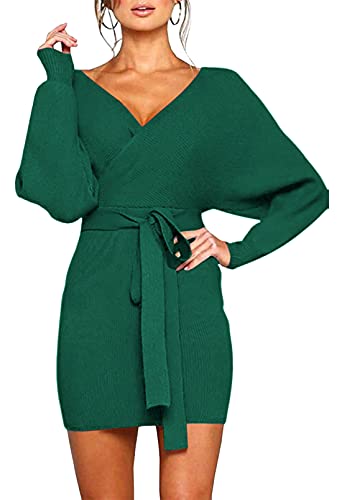 Viottiset Women's Long Batwing Sleeve Sexy V Neck Mini Wrap Bodycon Sweater Dress Cocktail Green Small
