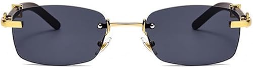 Miniatura 3 de Gafas de sol rectangulares con montura de madera vintage sin montura para hombres y mujeres, lentes de sol rectangulares con marco dorado vintage de