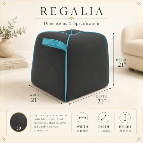 Image of FURNY Signature Regalia Suri Accent Pouf | Boston Fabric | 40D High-Density Foam | (Ash Grey with Ocean Blue Piping) | Footrest, Vanity Ottoman & Accent Seat for Home, Office & Hotel