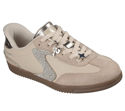 Image of Skechers Women's D'Lites Fan Girl Sneaker | Hands Free Slip-Ins, Duraleather & Suede Sneaker, Rhinestone Details & Charms Lace Up, Air-Cooled Memory Foam Insole
