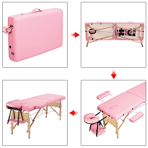 Yaheetech Massage Table Portable Lash Beds Spa Bed Massage Couch Foldable Spa Tables Adjustable 2 Fold with Non-Woven Bag 28 inch, Pink