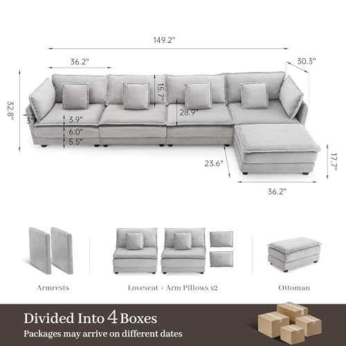 Image of Corduroy Sectional Couch, 4 Seater 149.2 inch L Shaped Cloud Couch with Ottoman, Modular Deep Seat Sofa with Pillows for Living Room, Apartment, Lightgrey