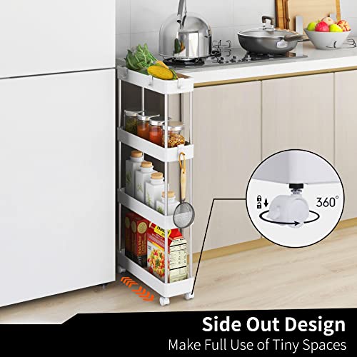 MELDEVO 4 Tier Slim Storage Cart Mobile Shelving Unit Organizer Slide Out Storage Rolling Utility Cart Tower Rack for Kitchen Bathroom Laundry Narrow Places, Plastic & Stainless Steel, White - Thumbnail 4