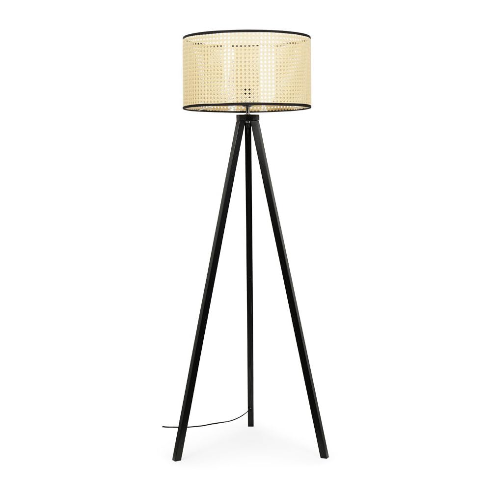 ValueLights | Large Black Wood Tripod Design Floor Lamp with a Natural Cane Wicker Rattan Shade | Floor Lamps, Home Décor & Improvement Essential | Included LED Bulb
