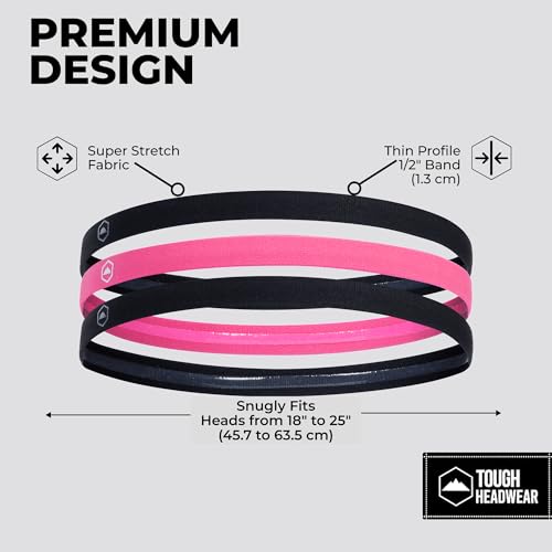 Image of Tough Headwear Athletic Headband Set - Thin Headbands for Women - Elastic Sport Hair Bands Men - Skinny Sports Hairbands - Non Slip Athletic Head Bands for Sports - Black and Pink