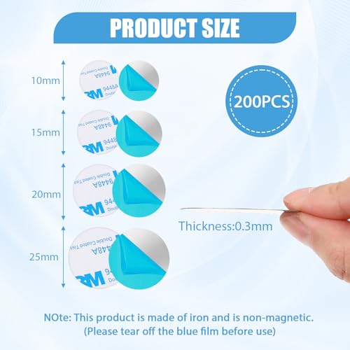 200 Pcs Metallplättchen Selbstklebend Metallplatte Selbstklebend, Selbstklebende Metallplättchen Ultra Dünn Nahtlos Starke Haftung für Diy Regale Wanddekorationen Magnet Klebepads Handy 4 Größen