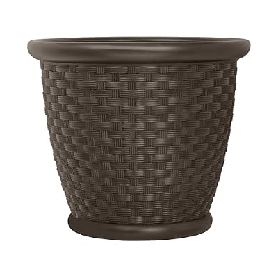 Suncast Sonora 22 Inch Plastic Wicker Indoor or Outdoor Decorative Garden Flower Planter for Entryways, Porch, and Backyard Patios, Dark Brown