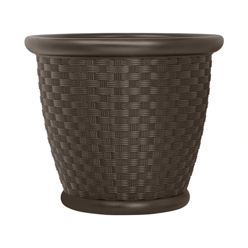 Image of Suncast Sonora 22 Inch Plastic Wicker Indoor or Outdoor Decorative Garden Flower Planter for Entryways, Porch, and Backyard Patios, Dark Brown