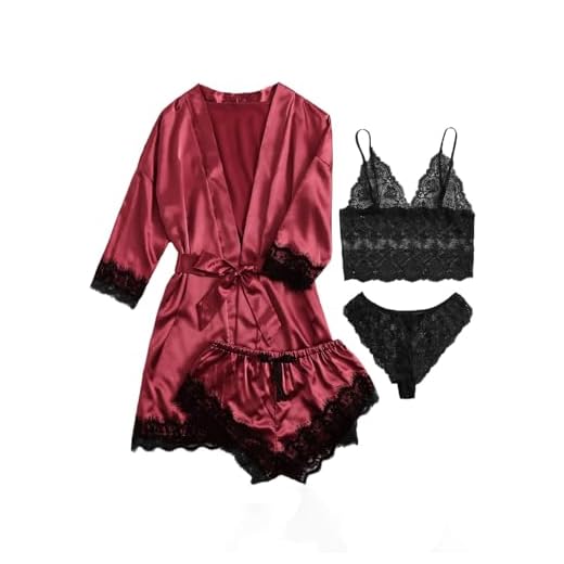SOLY HUX Women's Satin Pajama Set 4pcs Floral Lace Trim Cami Lingerie Sleepwear with Robe Burgundy Large