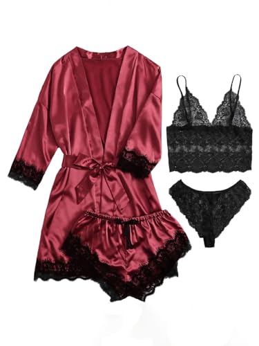 SOLY HUX Women's Satin Pajama Set 4pcs Floral Lace Trim Cami Lingerie Sleepwear with Robe