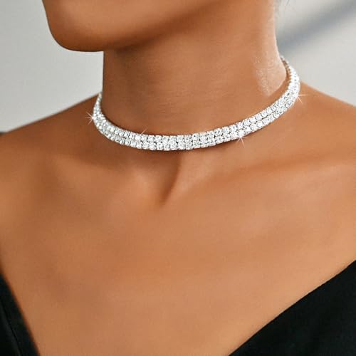 Handcess Strass Choker Halskette Silber Glitzernde Kristall Geschichtete Halsketten Braut Halskette Schmuck für Frauen