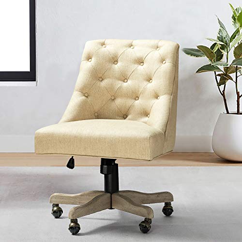 Jovita Fabric Tufted Upholstered Home Office Desk Chair with Vintage Wood Base, Linen