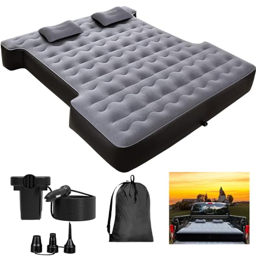 KINMAC Inflatable Full-Size Short Truck Bed Air Mattress 16.4FT Car Air Pump Cord Carry Bag for Outdoor Truck Camping Grey