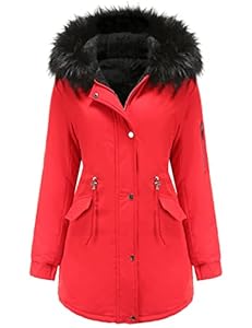 Tuopuda Winterjacke Damen Lang Wintermantel Warm Winter Jacke mit Kapuze Reißverschluss Parka Fleece Gefüttert Mantel Langarm Hooded Jacket Schwarz Kapuzenjacke, Rot, L