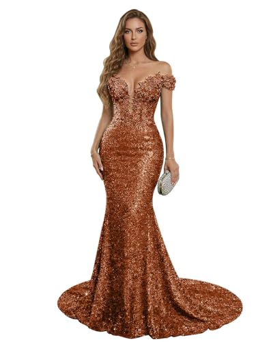 RYANTH Burnt Orange Glitter Off Shoulder Prom Dresses for Women 2026 Mermaid V Neck Formal Dresses Long Lace Appliques Corset Cocktail Dress with Train Size 14