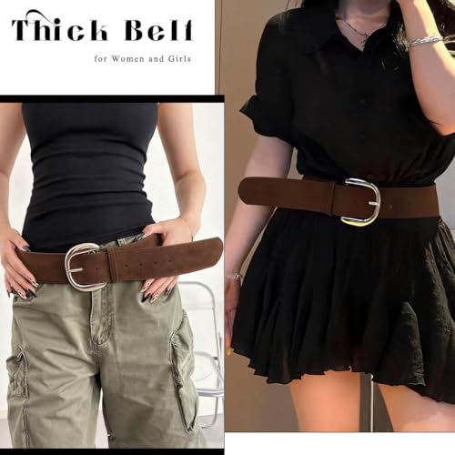 Women Wide Thick Belt for Dresses Chunky Leather Belt Vintage Suede Belt with Metal Buckle4