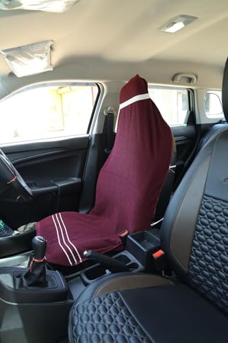 Image of Car Seat Cover, Towel Fabric, Elastic Fitting, Front Seat, Universal Fit for All Models, Pack of 2 (Maroon)