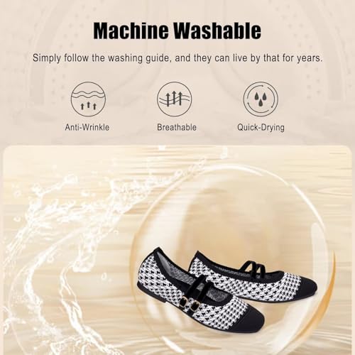 Image of Frank Mully Women's Flats Square Toe Mary Jane Shoes Ballet Flats with Strap Comfortable Slip On Knit Shoes Dressy Casual