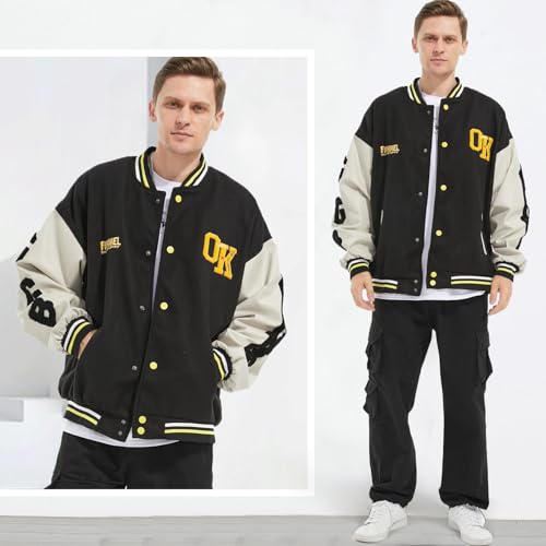 Image of Mens Varsity Jacket Baseball Bomber Jacket Vintage Unisex Streetwear Coats with Patchwork Hipster Utility Tops
