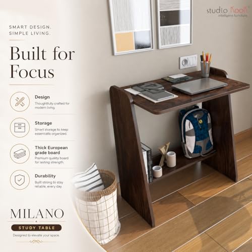 Image of Studio Kook Milano Study Table, Engineered Wood, Modern Computer Desk with Storage Shelf, 80cm Height x 75cm Width, Engineered Wood, Matte Finish (Junglewood) DIY (DO IT Yourself) Assembly