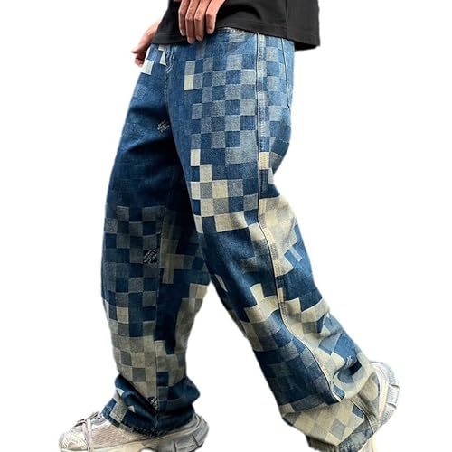 Mens Wide Leg Baggy Jeans Distressed Washed Loose Fit Straight Leg Denim Pants Casual Fashion Plaid Jean Trousers2