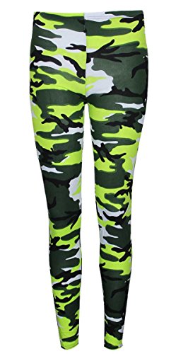 Thever Women Ladies Girls Elastic Waist Camouflage Army Print Legging Trouser Tights Size 8-22 (UK (8-10) US (6-8), Neon Green)