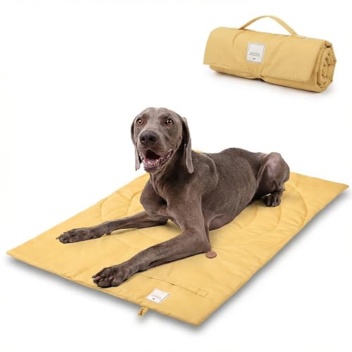 Travel Dog Bed | Camping Dog Bed | 37.4x25.6 Waterproof Outdoor Dog Mat | Portable Place Mat for Dogs with Handle | Machine Washable | Easy Clean for Outdoor Adventures (Yellow Medium)