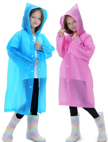 Borogo 2 Pack Raincoats for Kids, Reusable Rain Ponchos with Hood and Sleeves Rain Coats for Boys and Girls