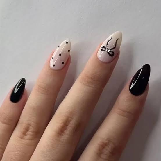 Set Of 14Pc, Short Almond Length Artificial Nail Extensions for Women, Press on Nails, Glossy Black And White With Bow Tie & Dots Design With Free Glue Kit-image-33