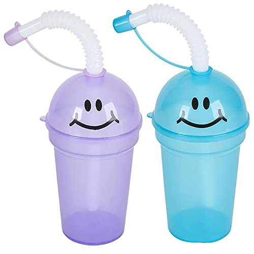 The Dreidel Company Happy Face Sipper Cups, Colorful Plastic Straw Cups with Lid and Straw, Party Favor 6.25