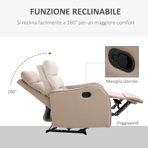 Homcom Poltrona Relax Reclinabile Manuale 160° Con Poggiapiedi, Seduta Ampia, Poltroncina Reclinabile Imbottita Girevole In Finta Pelle Per Camera Da Letto, Salotto E Soggiorno, Marrone Chiaro - 4