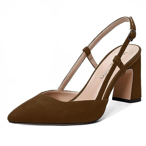 MODENCOCO Womens Slingback Evening Sexy Pointed Toe Suede Fashion Buckle Block High Heel Pumps Shoes 3.3 Inch