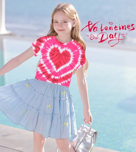 Image of Tkria Girl Crop Tops Valentine Short Sleeve Tshirt Tie Dye Heart Teen Girls Shirt Clothes 6-14 Years