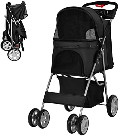COSTWAY Folding Pet Stroller, 4 Lockable Wheels Dog Travel Pushchair Cat Buggy with Safety Belt, Adjustable Canopy, Cup Holder & Storage Basket, Dogs Cats Prams for Small Medium Pets (Black)