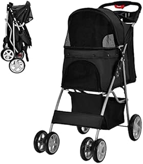 COSTWAY Folding Pet Stroller, 4 Lockable Wheels Dog Travel Pushchair Cat Buggy with Safety Belt, Adjustable Canopy, Cup Holder & Storage Basket, Dogs Cats Prams for Small Medium Pets (Black)