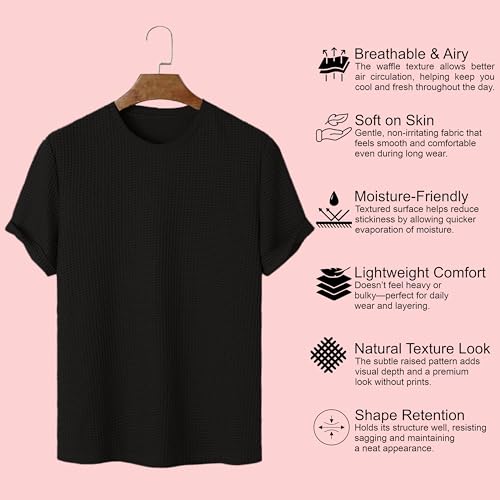Image of London Hills Men's Waffle Textured T-Shirt | Solid Regular Fit Round Neck Half Sleeve Casual Wear Tee | Soft, Breathable & Lightweight Fabric