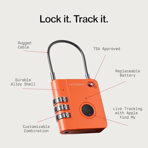 Image of KeySmart SmartLock Tracking Luggage Locks, TSA Locks for Luggage, Combination Lock Compatible with Apple Find My App, Best Travel Essentials, Replaceable Non-Rechargeable Battery (Orange 5 Pack)