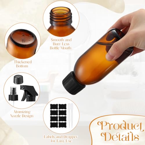 Honeydak 8 Set 4 oz Amber Glass Spray Bottles Kit Small Empty Spray Bottle for Essential Oil Mini Fine Mist Spray Bottle with Nozzle Dropper Label Refillable Container for Cleaning Solutions Skin Care3